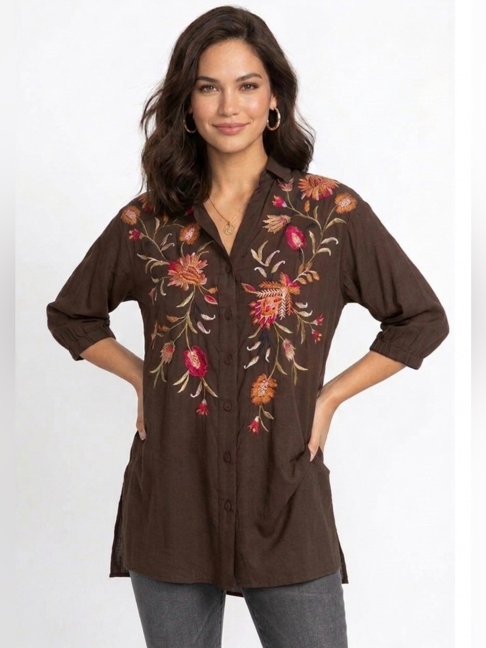 Johnny Was Brown Tunic with Pink and Orange Floral Embroidery